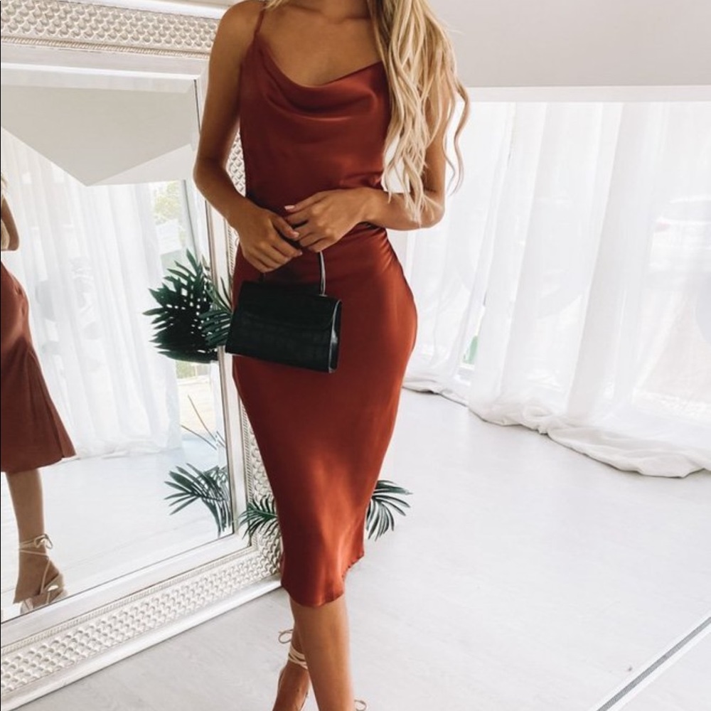 Silk Midi Dress in Rust Color
